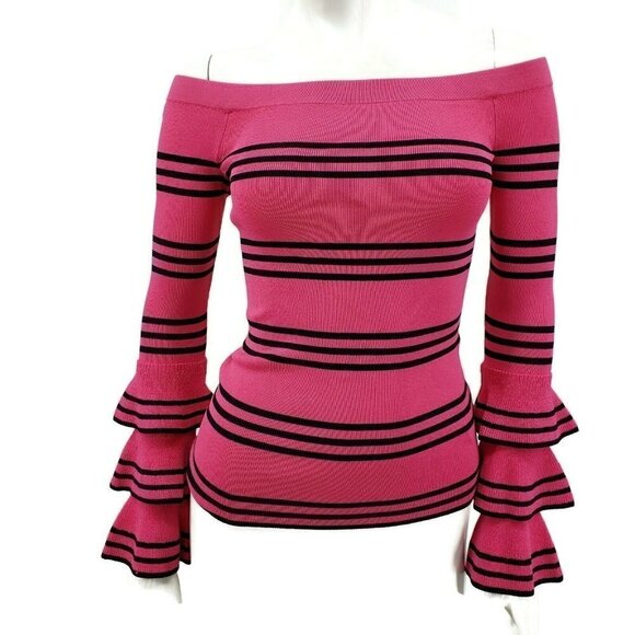New Scripted Top Womens XS Pink Black Stripe Off  Shoulder Sweater Bell Sleeve - Picture 1 of 5